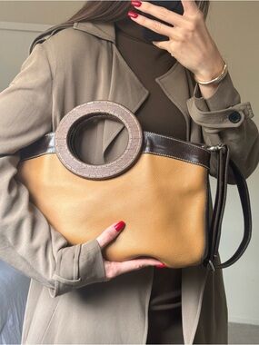 Vintage Miu Miu Brown Satchel Crossbody Bag Tote with wood round handles